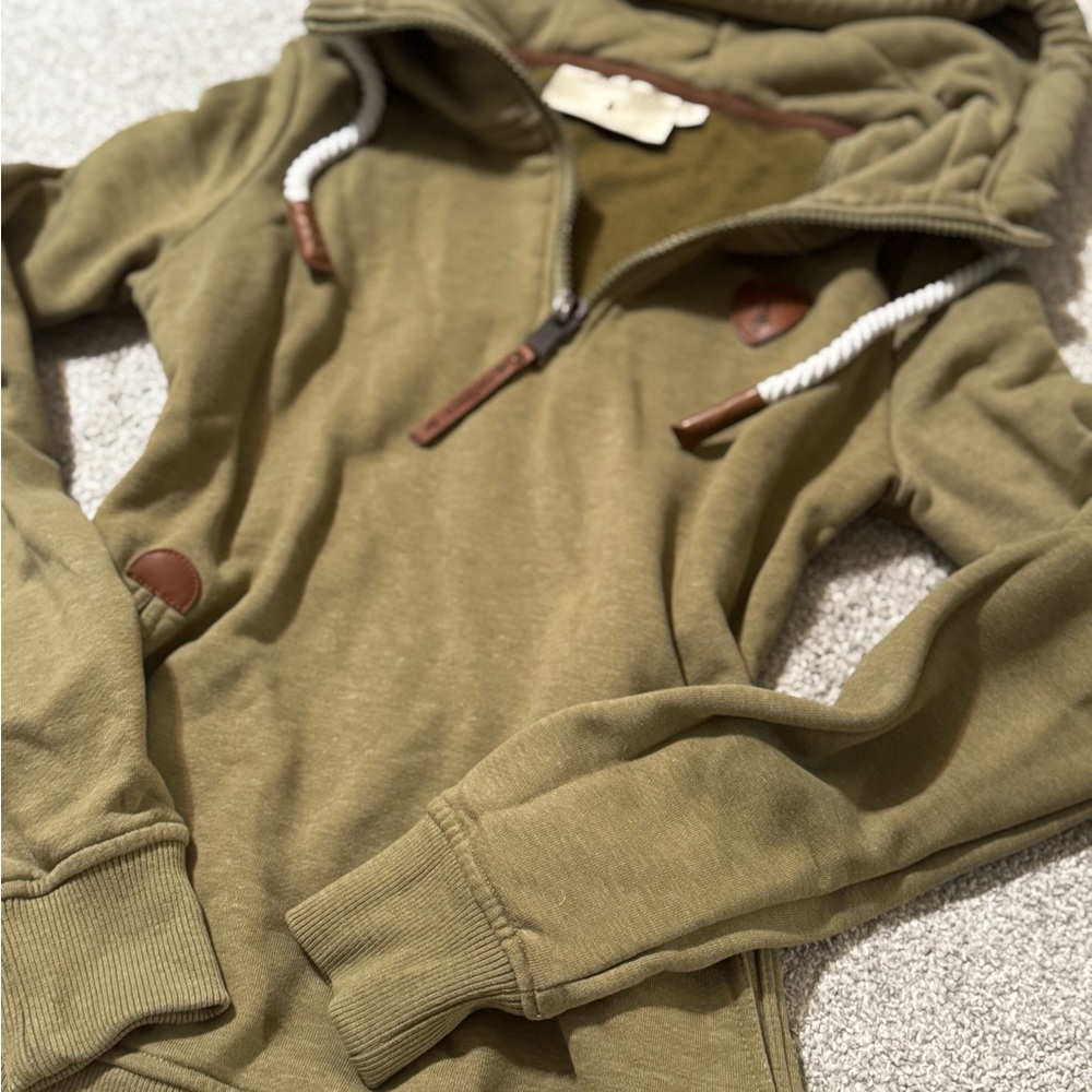 Wanakome Khaki Hoodie with Leather Detail